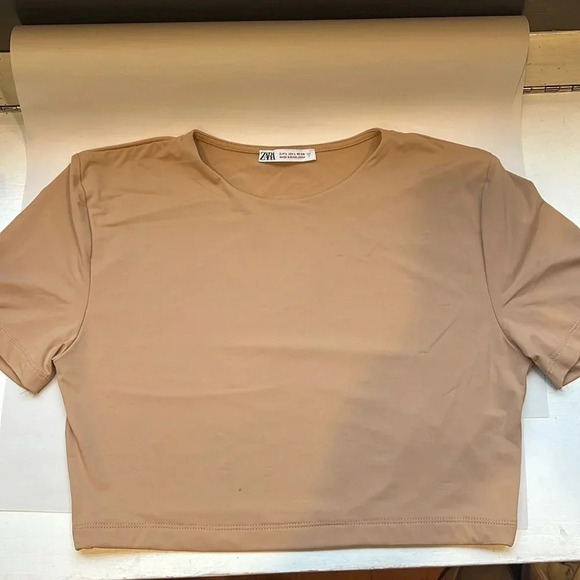 ZARA Skims like fitted mink shortsleeve nude crop top Size L - Picture 2 of 5